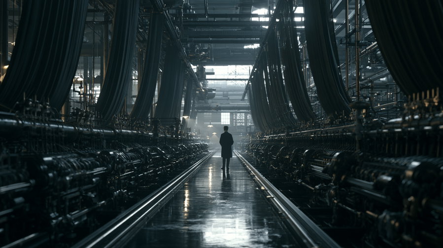 A solitary person in dark clothing and hat walking down a reflective floor aisle flanked by large industrial machines with hanging fabric or hoses in a dimly lit factory setting