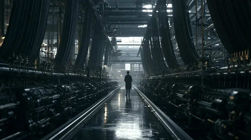 Moody industrial interior with solitary figure walking between machinery