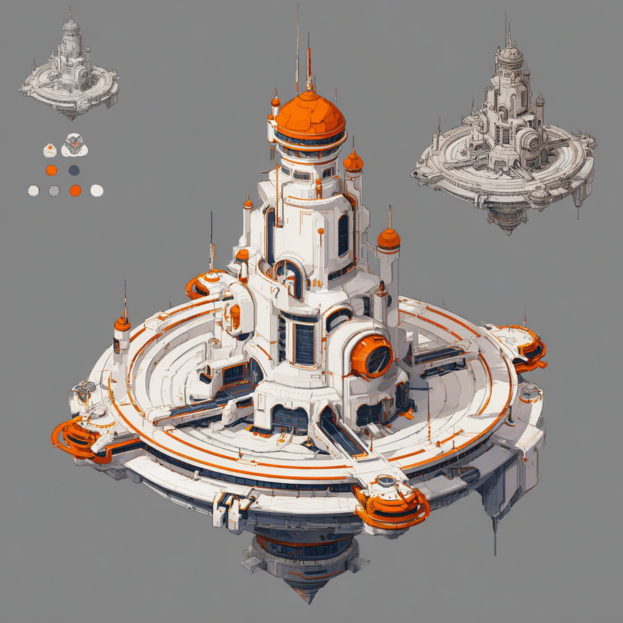 Digital illustration of a futuristic, circular architectural structure with white surfaces and bright orange accents against a grey background, including smaller sketches and color palette swatches.