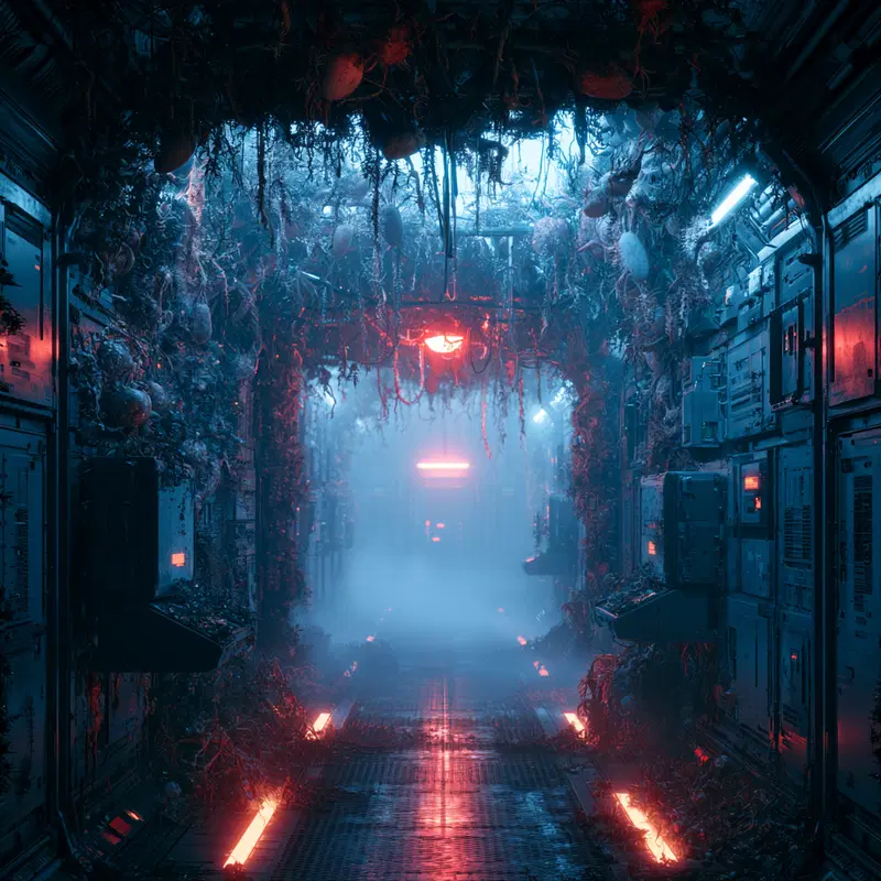 Dimly Lit Industrial Corridor with Overgrown Vegetation and Red Blue Lighting