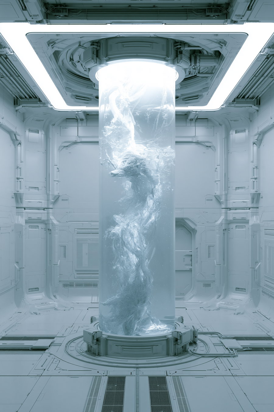 A tall cylindrical transparent tank in a futuristic white room contains a fluid-like sculpture with dynamic flowing forms resembling a figure.