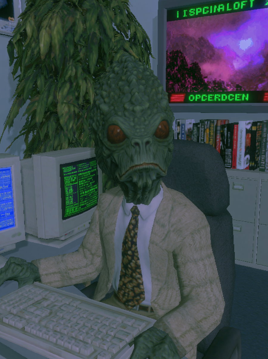 A humanoid alien figure dressed in a suit and tie sits at a desk with vintage computer monitors displaying green and blue screens, a large plant and bookshelves with books are in the background.