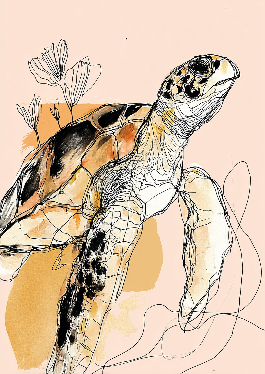 Illustrated turtle with black ink outlines and warm watercolor patches on a pale peach background with abstract floral sketches