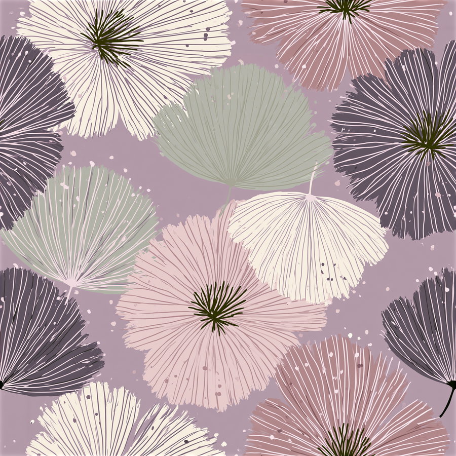 Pattern of large, stylized flowers and fan-shaped leaves in pastel colors like cream, muted pink, sage green, and dark purple on a lilac background