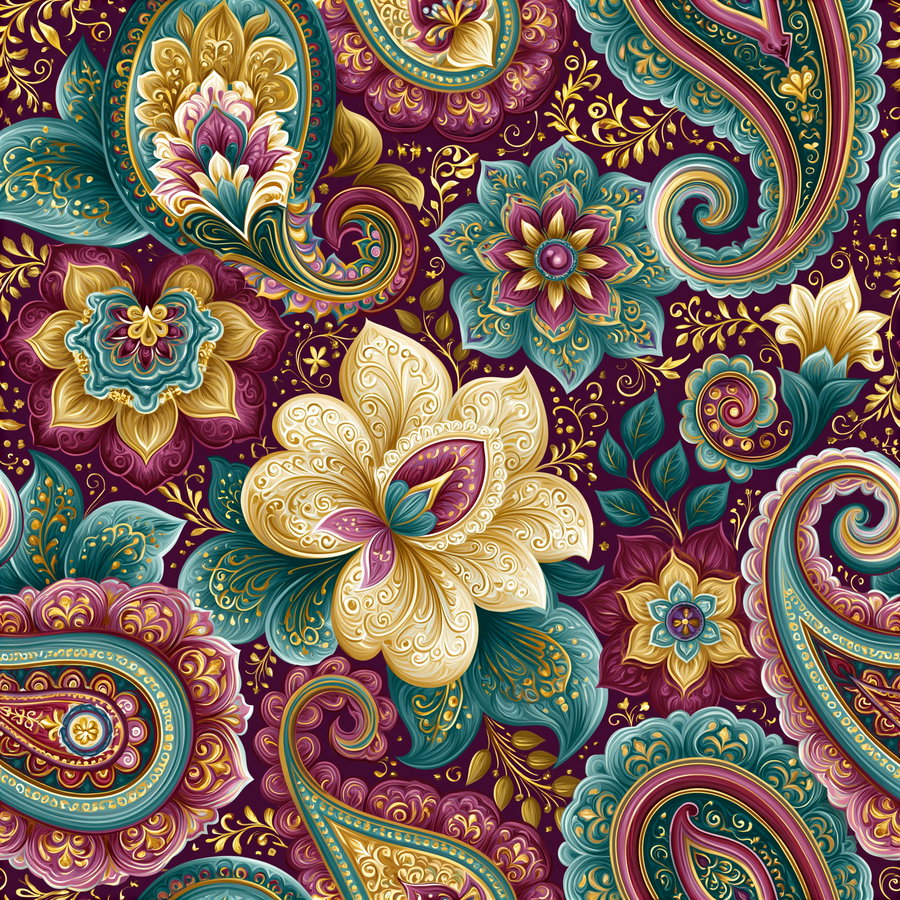 Seamless decorative pattern with intricate floral and paisley designs in gold, teal, purple, and cream colors on a dark purple background