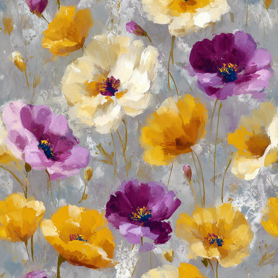 Oil painting style floral art with yellow, white, and purple flowers on a textured gray background