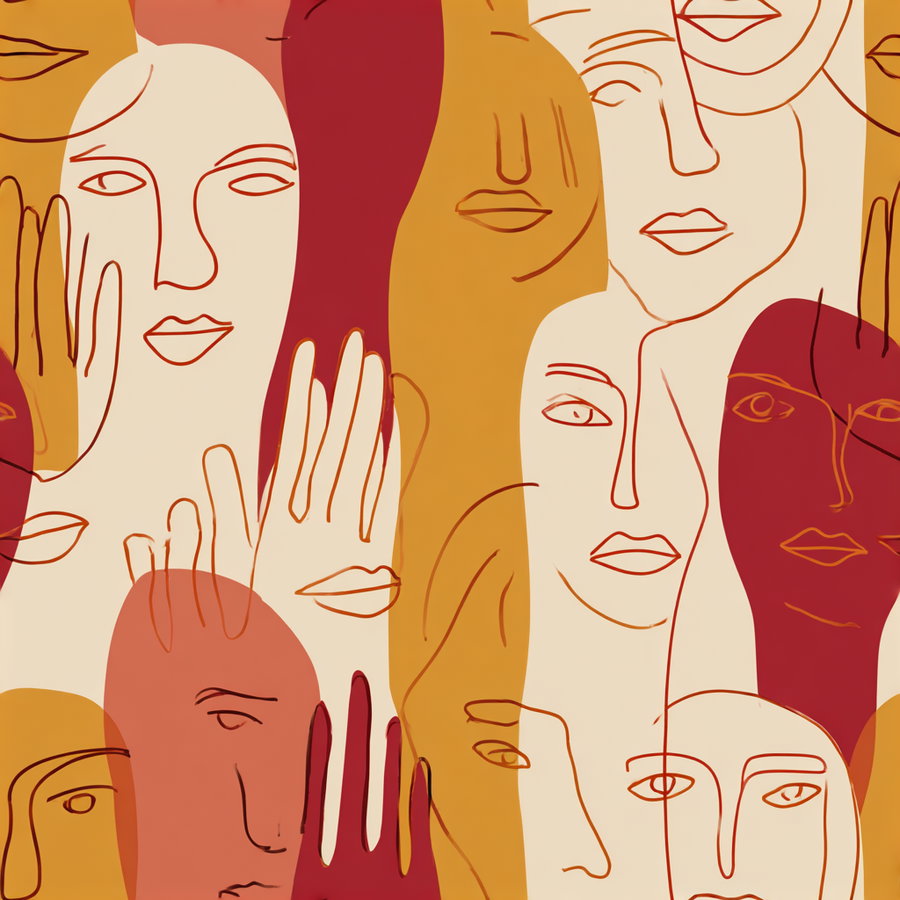 Abstract artwork featuring multiple continuous line faces in brown, beige, and rust colors with overlapping hands and facial features