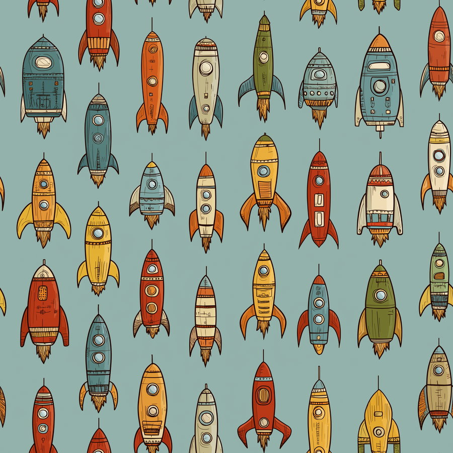 repeating pattern of various hand-drawn retro rockets in multiple colors on a blue background