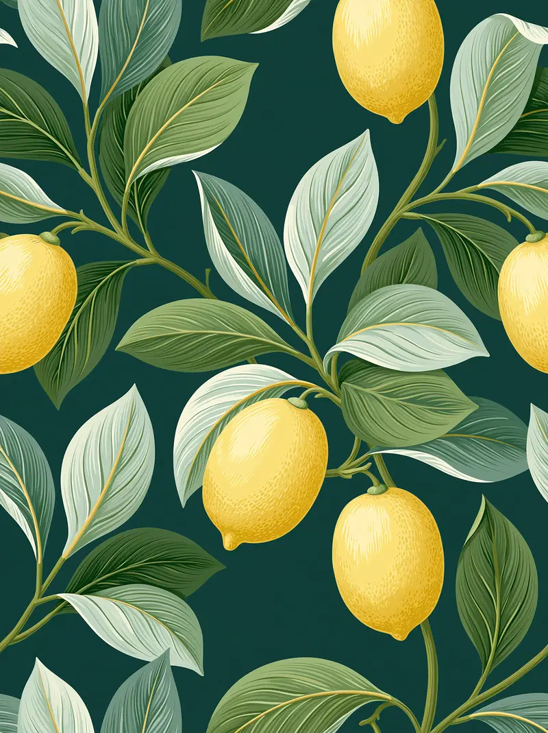 Illustrated botanical art of lemon branches with green leaves on dark background