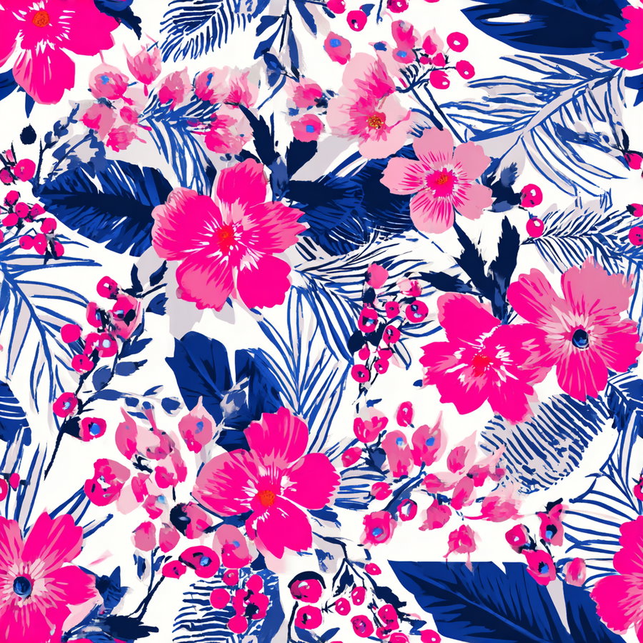 A colorful seamless floral pattern featuring bright pink flowers, blue leaves, and small pink berries on a white background