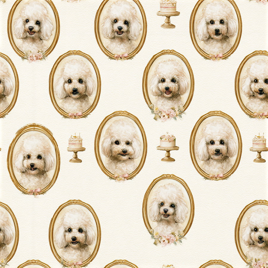 Pattern of watercolor style portraits of white poodles in golden oval frames with small floral decorations and cake illustrations on a cream textured background