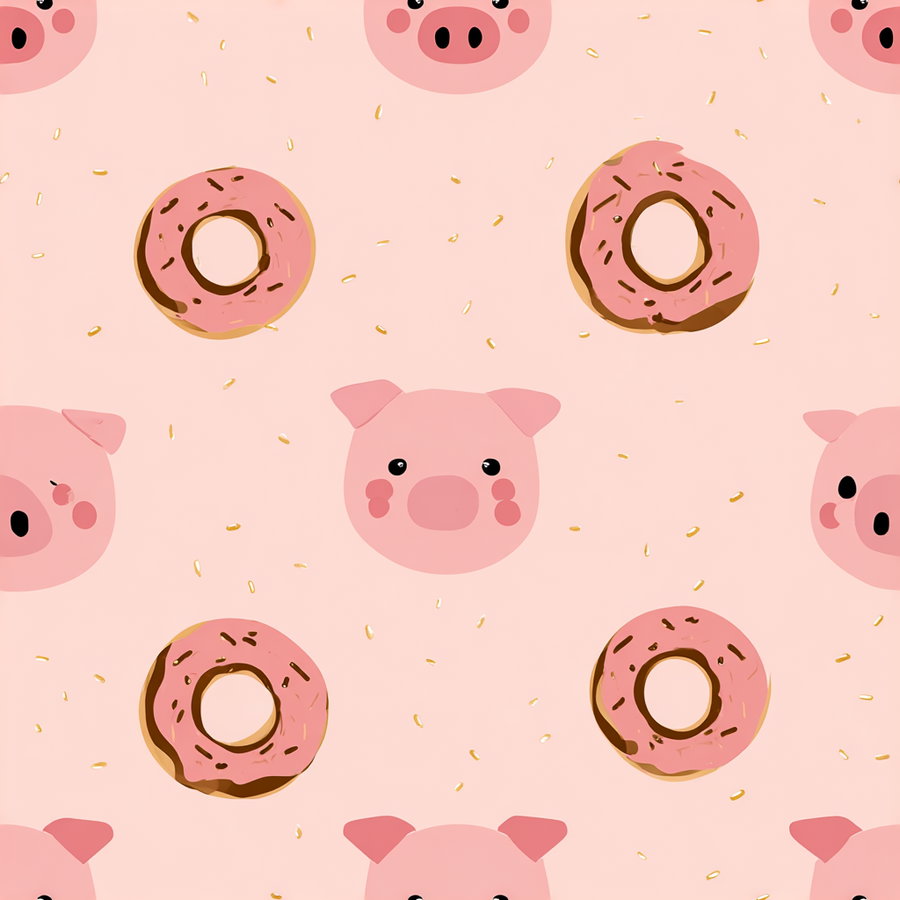 Seamless pattern featuring cute pink pig faces and donuts with pink frosting and sprinkles on a light pink background.