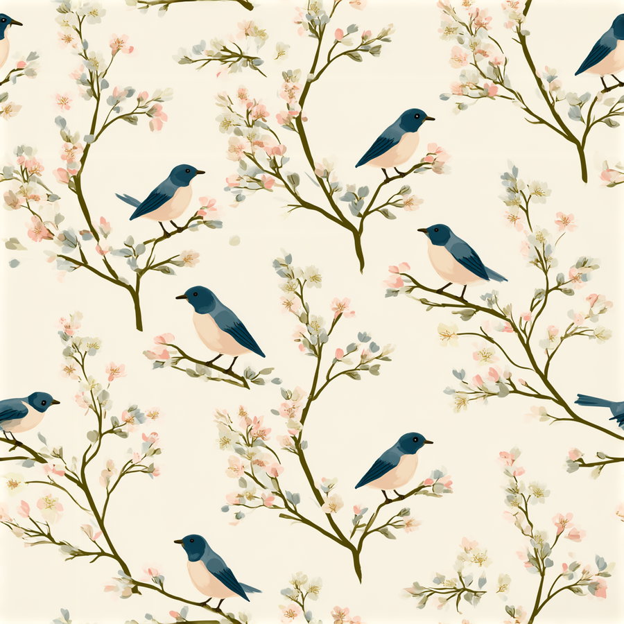 Seamless pattern featuring blue and white birds perched on delicate branches with light pink and white blossoms against a cream background.