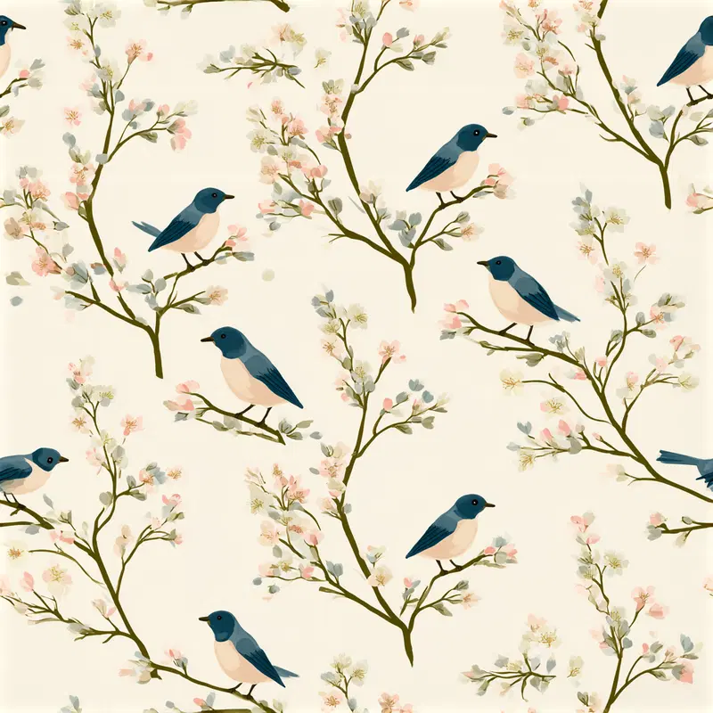 Elegant bird and blossom pattern in soft pastel colors for wall art