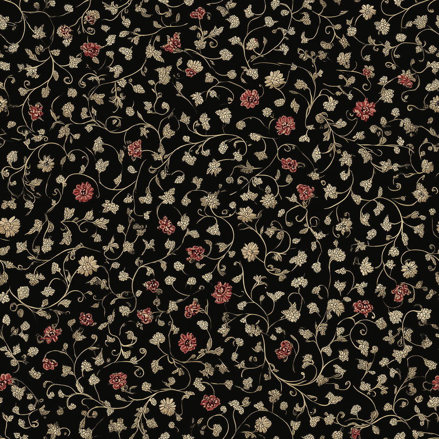 Seamless pattern of small, vintage botanical flowers and leaves in red and white colors on a black background