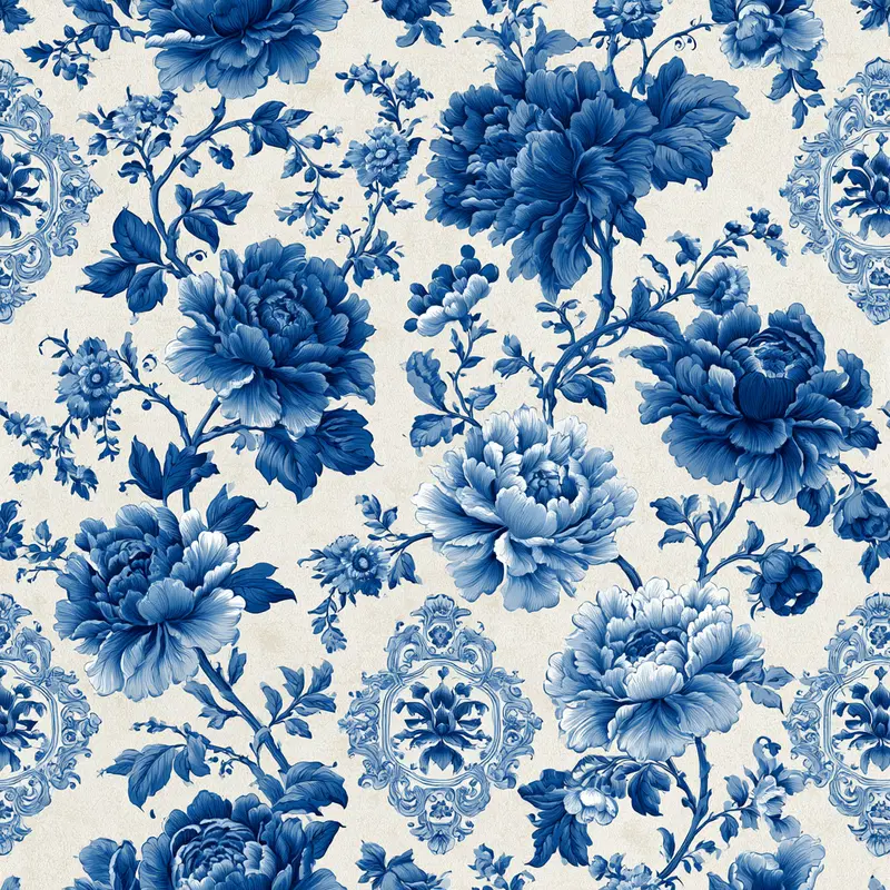 Blue and white vintage botanical floral pattern with ornate frames