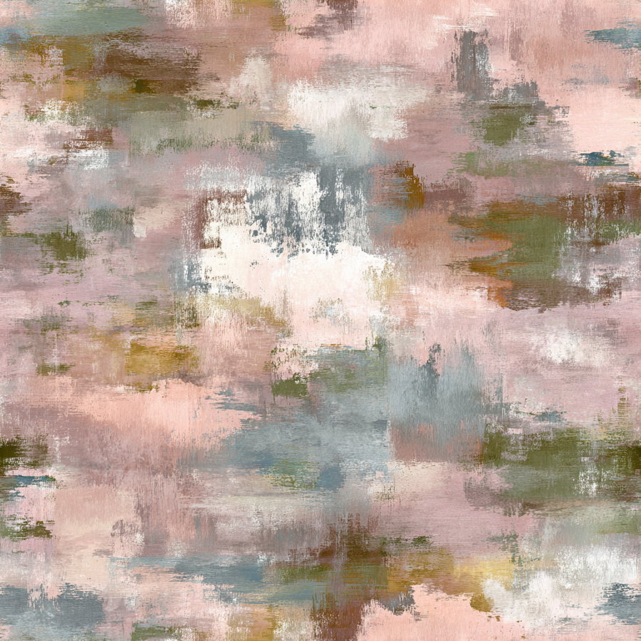 Abstract painting featuring muted colors including soft pink, moss green, gray, white, and brownish tones blended in textured brush strokes