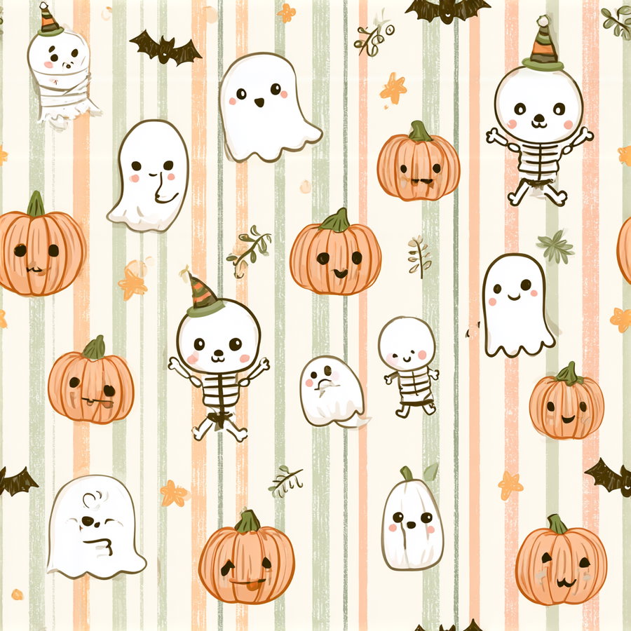 Pattern of cute cartoonish pumpkins, ghosts, and skeletons with soft orange, green, and cream stripes background