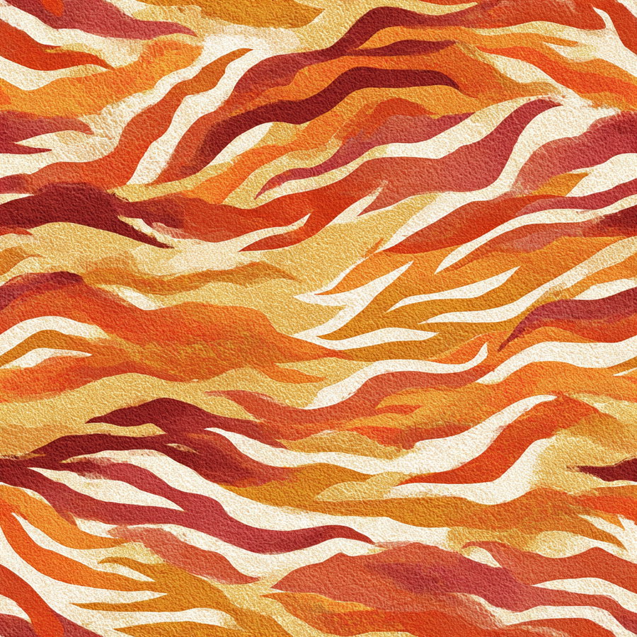 An abstract painting featuring flowing, wavy layers painted in shades of orange, yellow, red, and cream, resembling flames or flowing fabric.