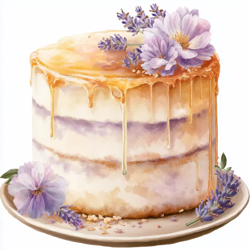 Beautiful floral decorated cake with dripping caramel glaze and lavender accents