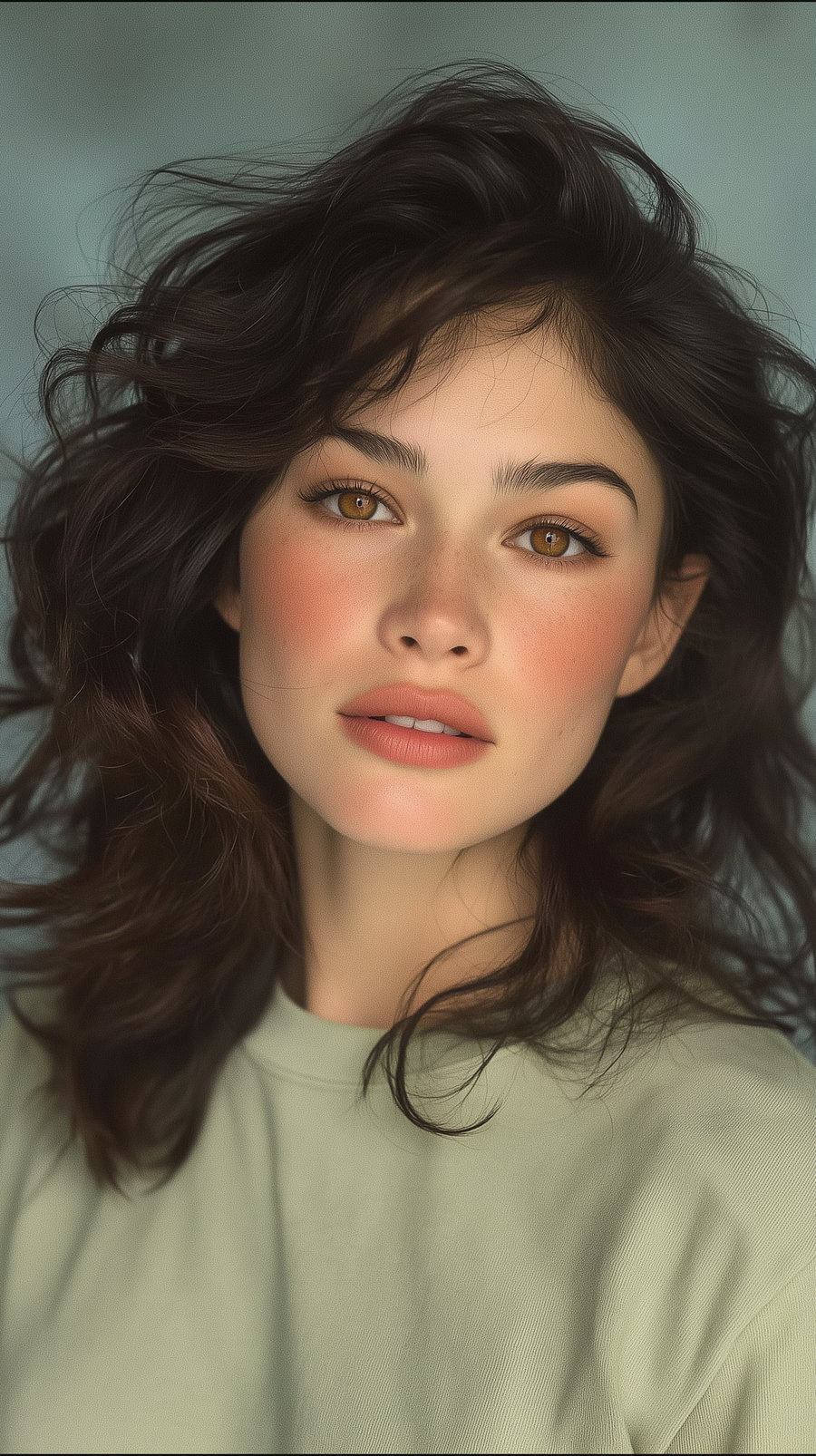 A young woman with wavy dark hair, light brown eyes, natural makeup with rosy cheeks and nude lipstick, wearing a light green top, set against a muted background
