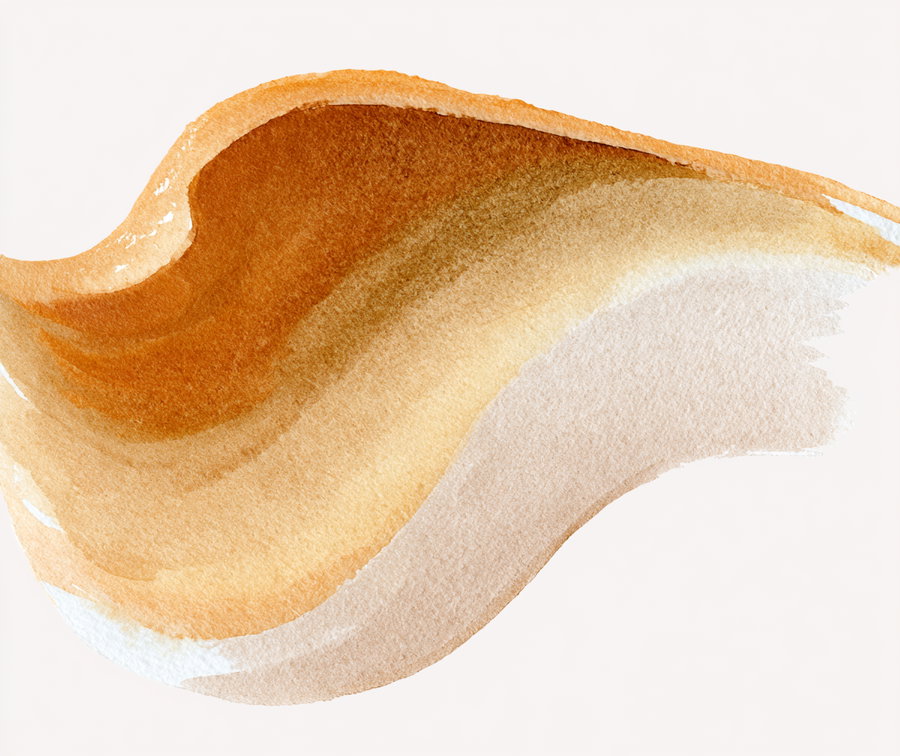 An abstract watercolor brush stroke in warm earth tones of brown, beige, and cream on a white background