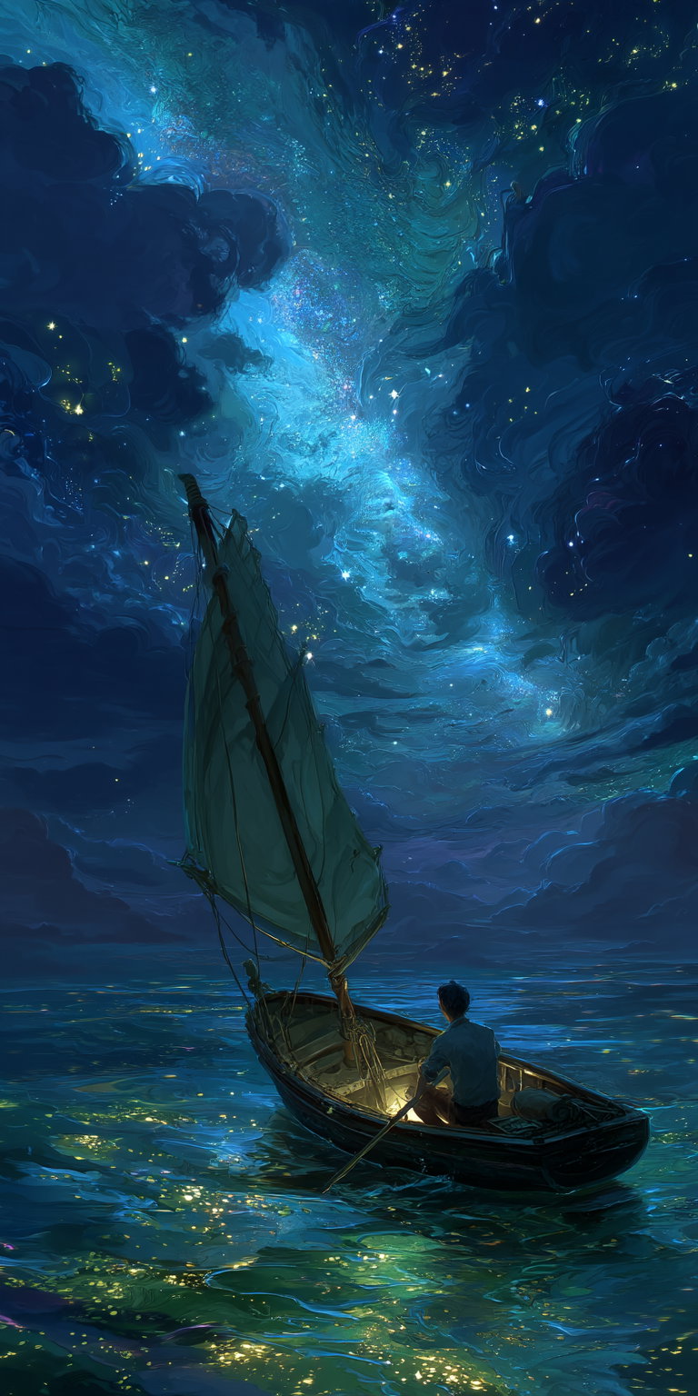 Digital painting of a man sitting in a small wooden sailboat on lightly rippled water illuminated by glowing reflections, beneath a swirling star-filled night sky with vibrant blue and green hues
