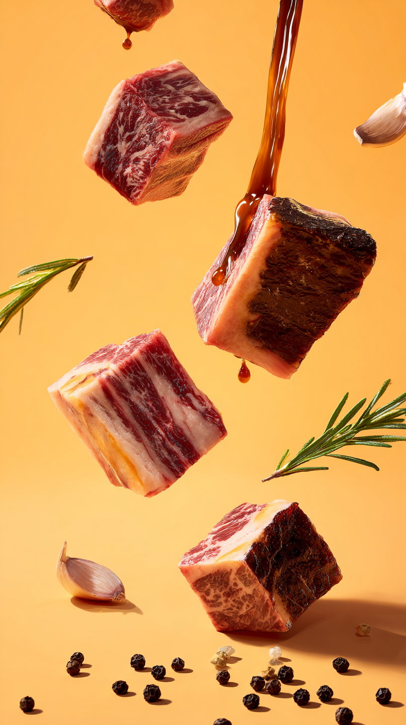 Floating cubes of marbled meat with dripping sauce, rosemary sprigs, garlic cloves, and scattered peppercorns against a warm orange background