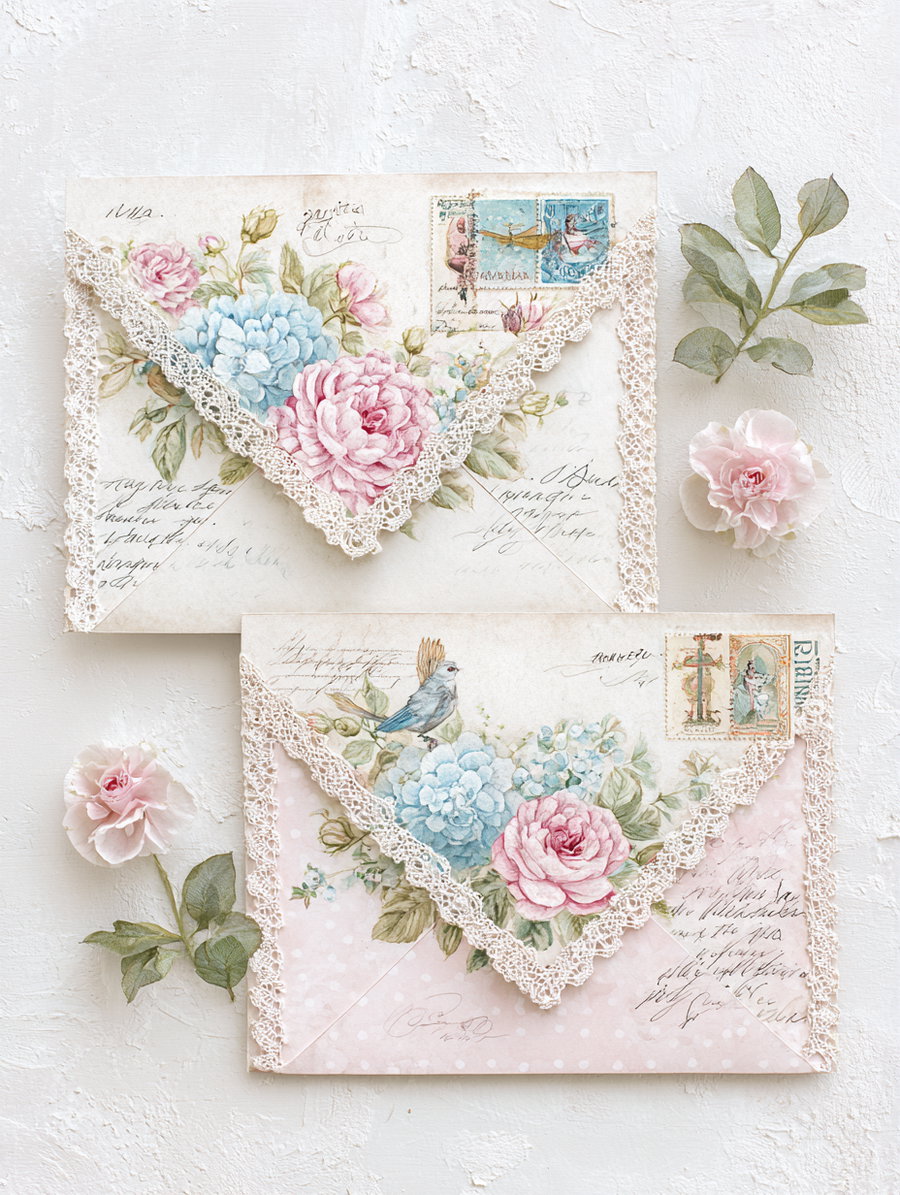 Two vintage-style envelopes adorned with blue and pink floral illustrations, bird motifs, and lace trimming, placed on a textured white surface with two pink flowers and green leaves nearby