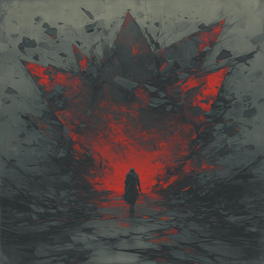 A solitary figure walking on a cracked surface towards a large, fiery red explosion with dark shards flying outward