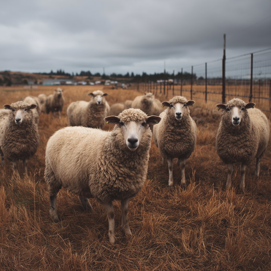Several fluffy sheep standing closely together in a brown grassy field with a fence and overcast sky in the background