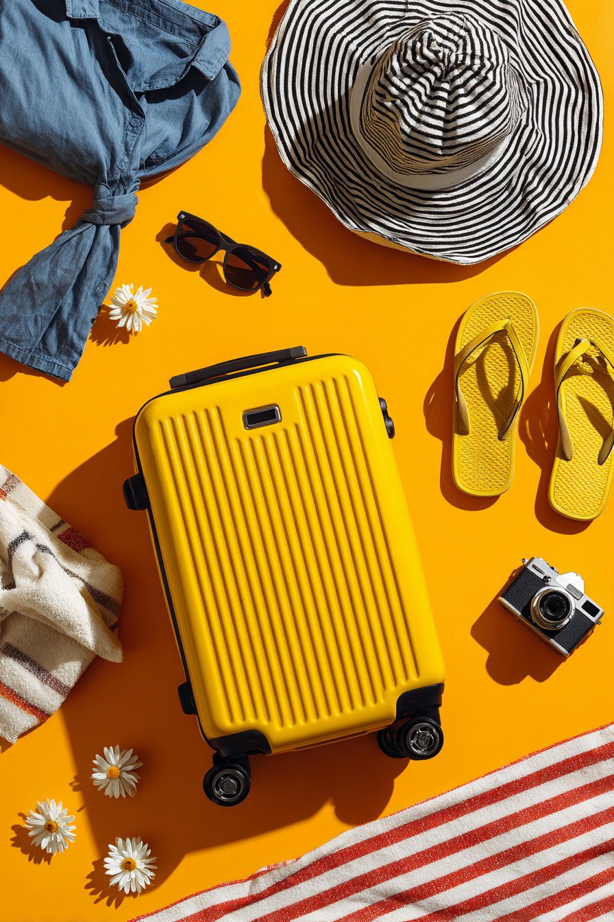 Yellow suitcase, striped sunhat, blue denim shirt, sunglasses, yellow flip-flops, vintage camera, striped towel, and white daisies on an orange backdrop