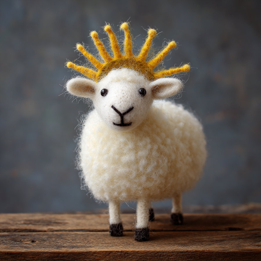 A handcrafted white felted wool sheep with a crown of yellow curled yarn strands, standing on a wooden surface with a blurred gray background.