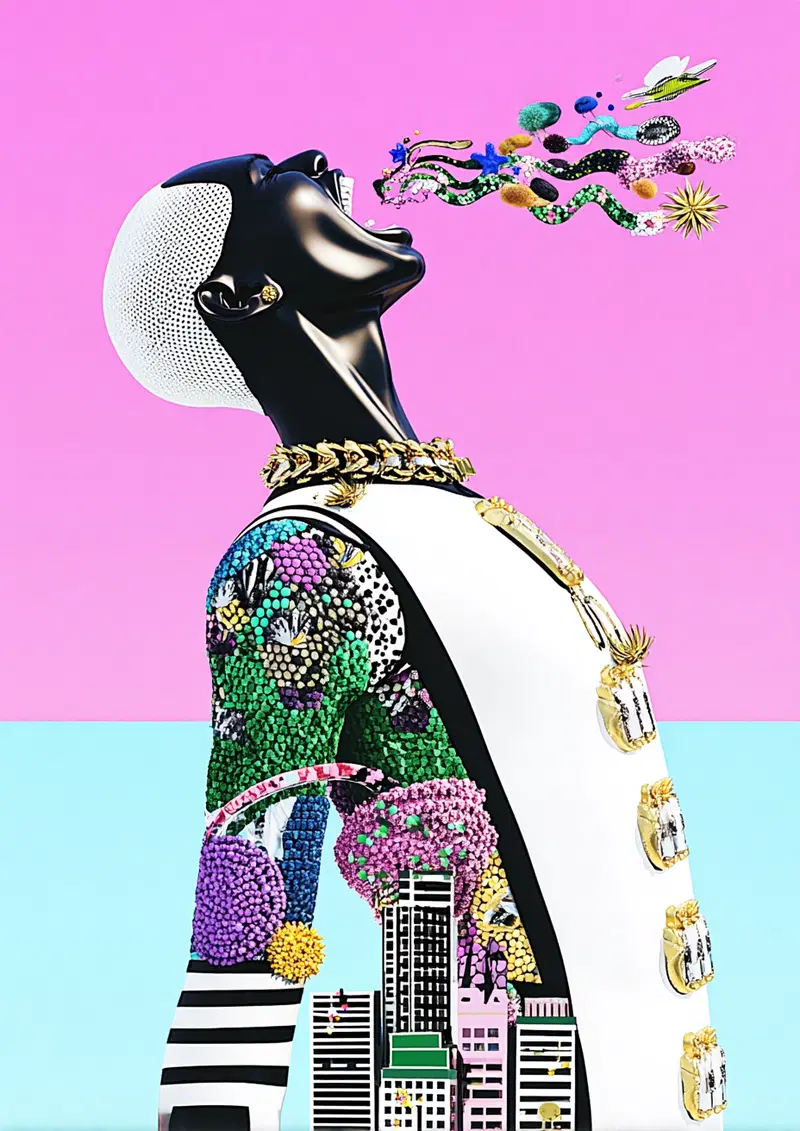 Abstract art featuring a stylized black figure with cityscape and colorful organic shapes emanating from mouth