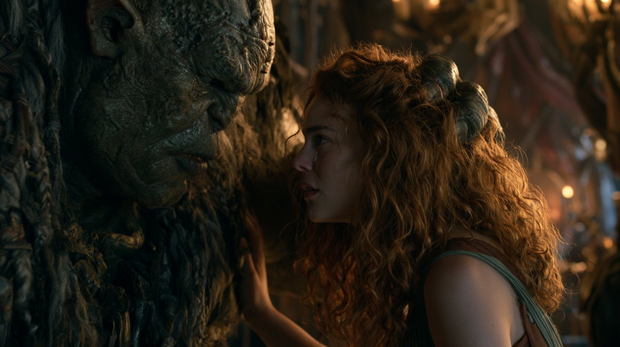 A close-up image showing a woman with curly red hair and horns looking intently at a large, textured creature with closed eyes in a dimly lit environment