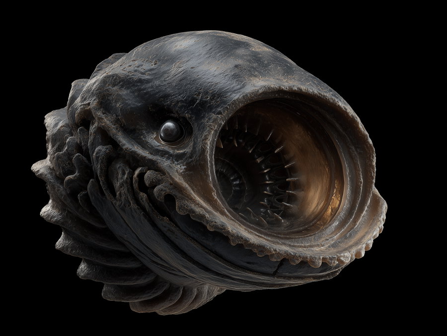 Dark detailed image of a deep-sea fish showing its large round eye and wide-open mouth with circular rows of sharp teeth against a black background