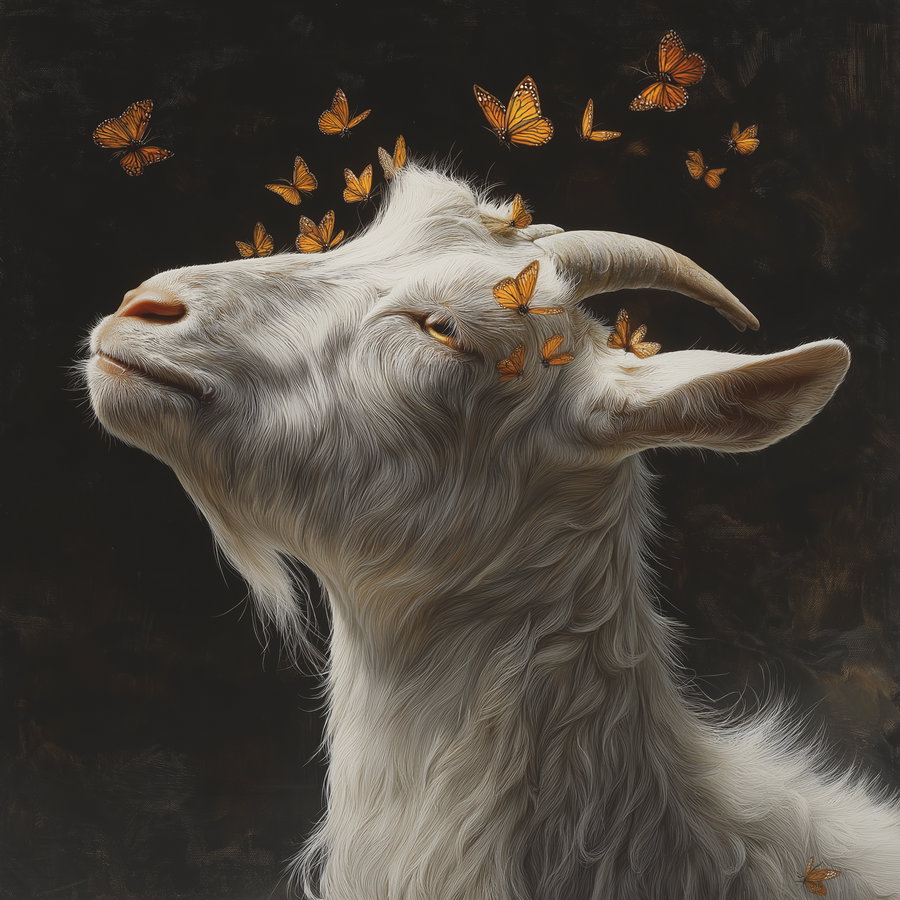 Close-up of a white goat's head with textured fur and orange monarch butterflies flying and resting around its horns and face against a dark background