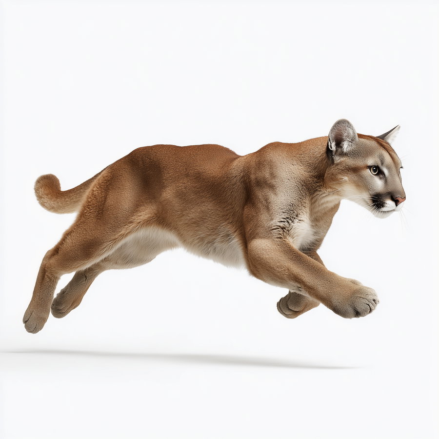 A realistic depiction of a cougar mid-leap with detailed fur and expressive eyes on a plain white background.