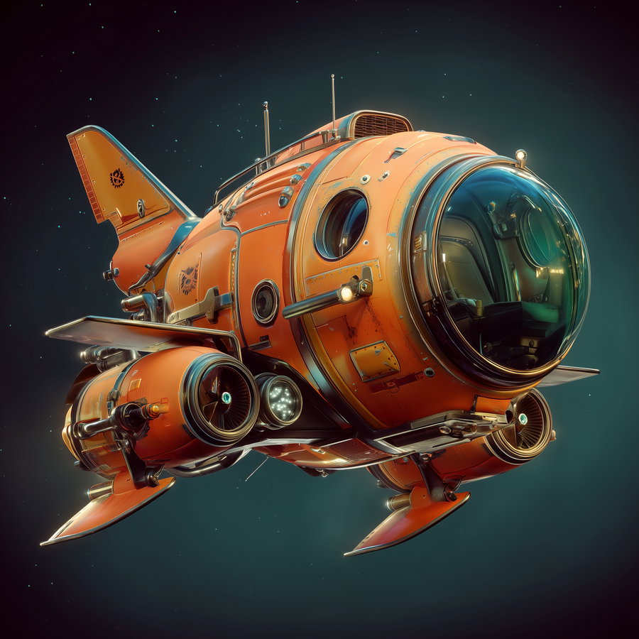 Orange futuristic submarine with rounded glass cockpit, propellers, and small fins, set against a dark starry background
