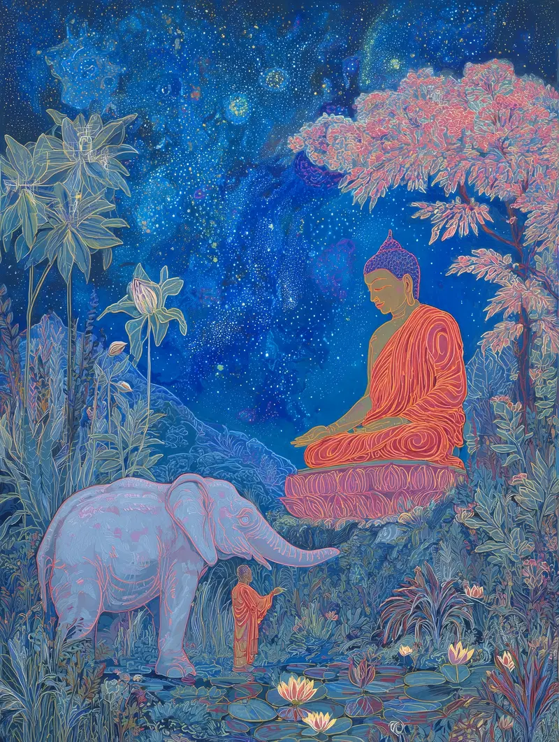 Aesthetic Wall Decor Featuring Meditative Buddha and Elephant in a Mystical Garden