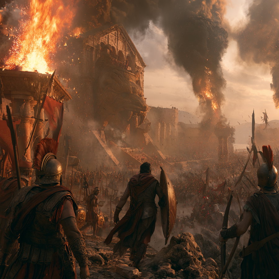 A large group of ancient warriors in armor facing a burning stone fortress with huge sculptures, surrounded by smoke and fire.