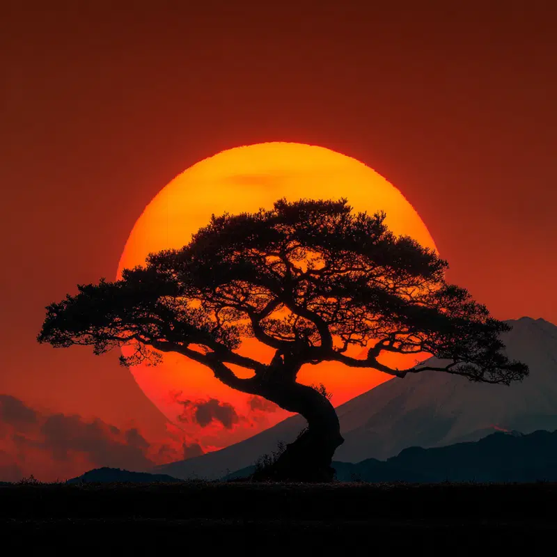 Silhouette of a tree with the sun setting behind and mountain in background