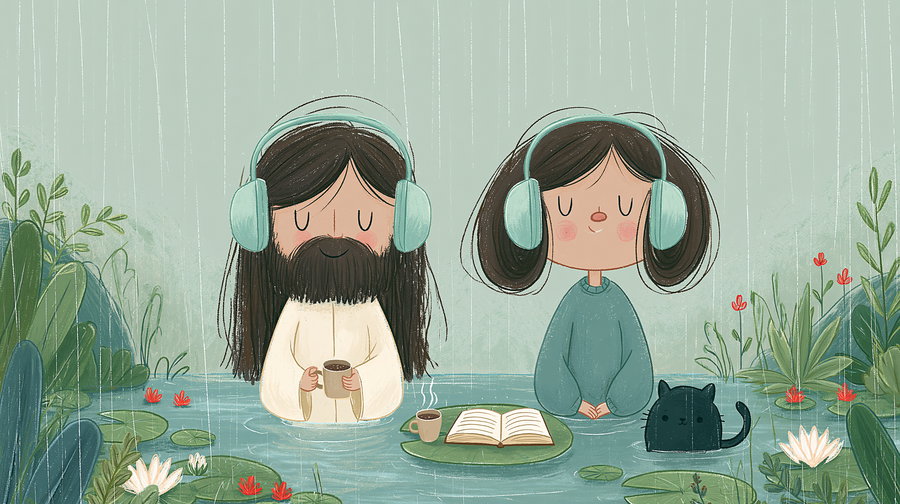 A digital drawing featuring a bearded person and a young person with headphones sitting peacefully in a shallow pond under rain, surrounded by plants, flowers, lily pads, a steaming cup, an open book, and a black cat.