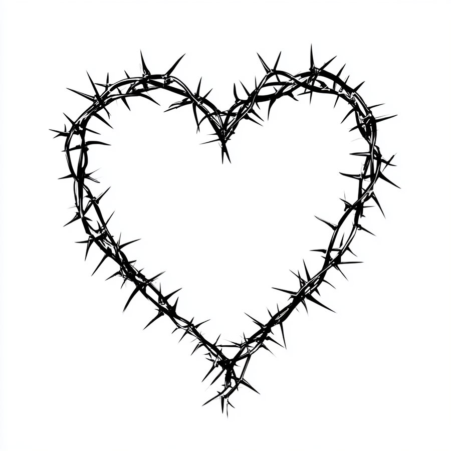 Heart shape made from intertwined thorny branches in black on a white background