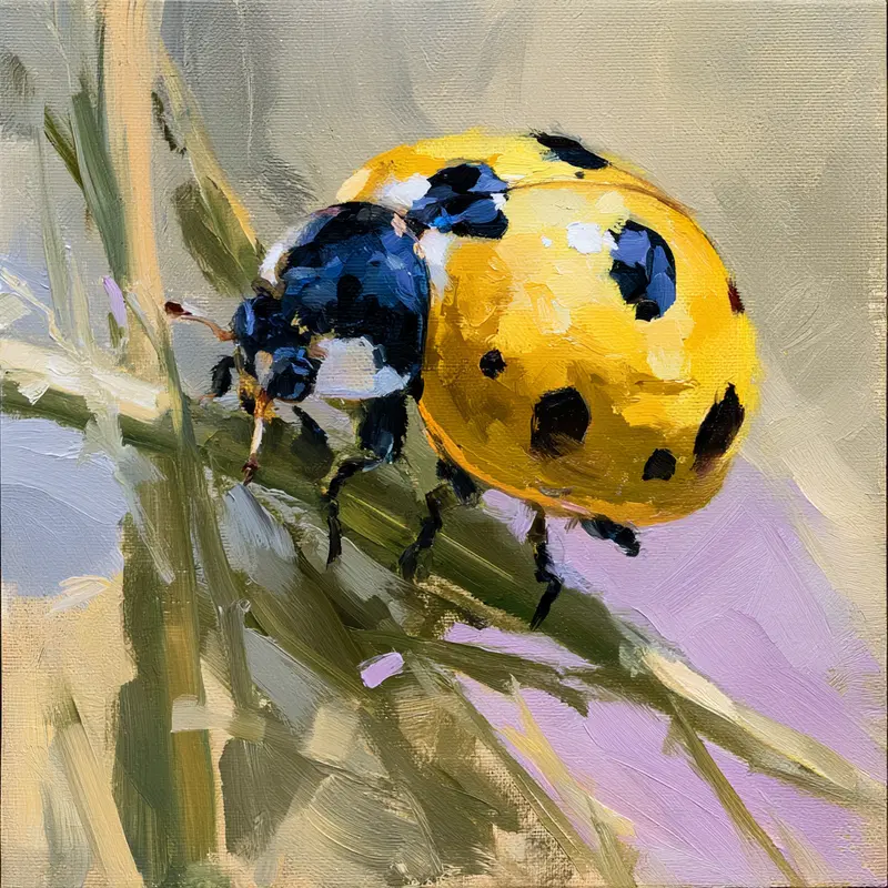Expressive painted close-up of a yellow and black spotted ladybug on green foliage