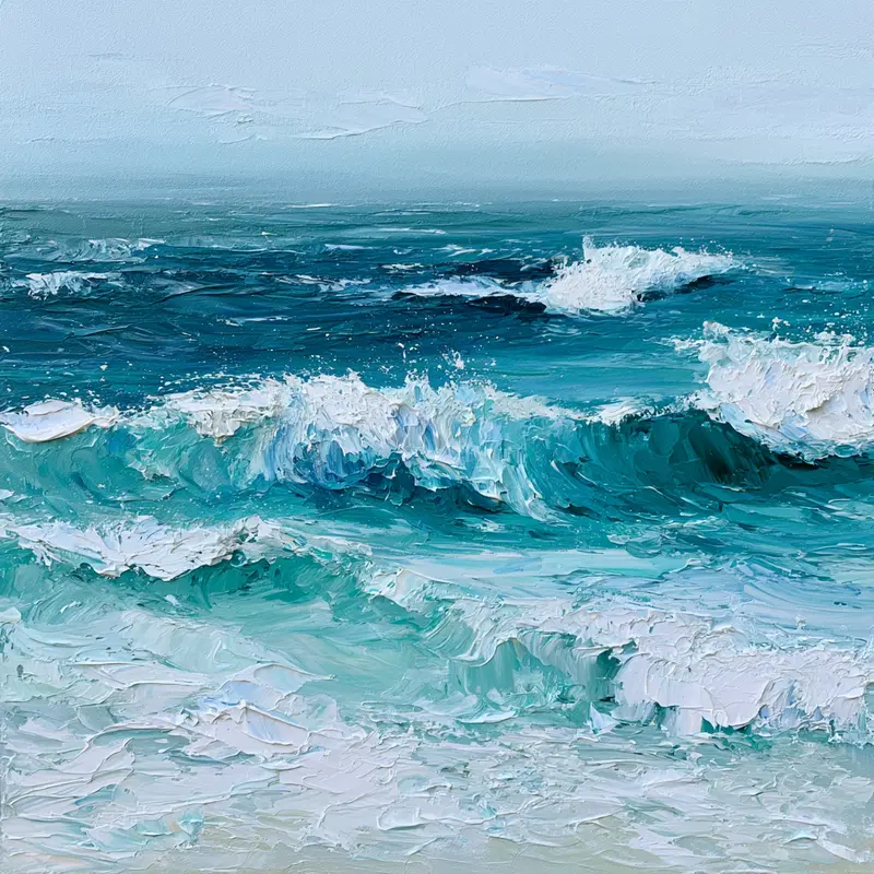 Textured Oil Painting of Ocean Waves Crashing with Blue and White Tones