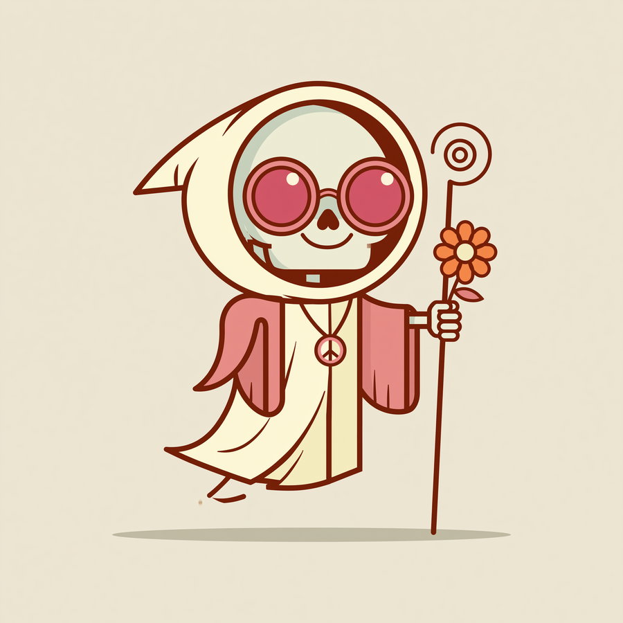 Illustration of a cartoon skeleton wearing large pink glasses and a hooded robe, holding a staff topped with a flower and a spiral, with a peace sign necklace
