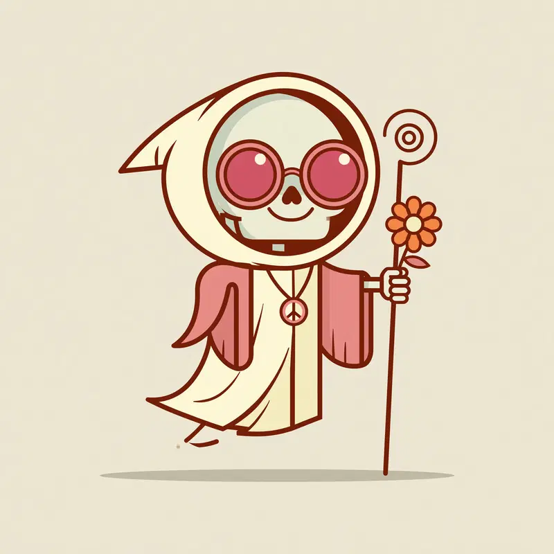Whimsical boho styled cartoon skeleton with flower and peace sign