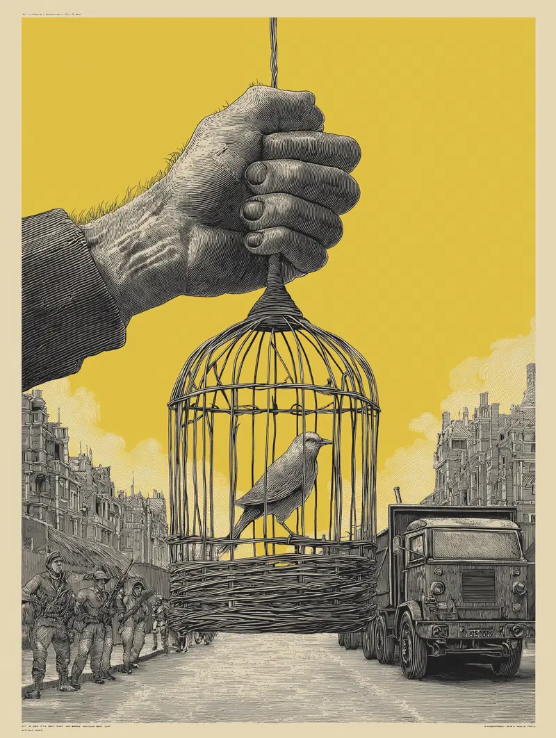Detailed illustration of a hand holding a birdcage with a bird in an urban setting