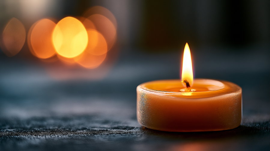 Image shows a small, round lit tea light candle with a bright flame and an orange wax body, set against a dark textured surface with multiple blurred warm light circles in the background.